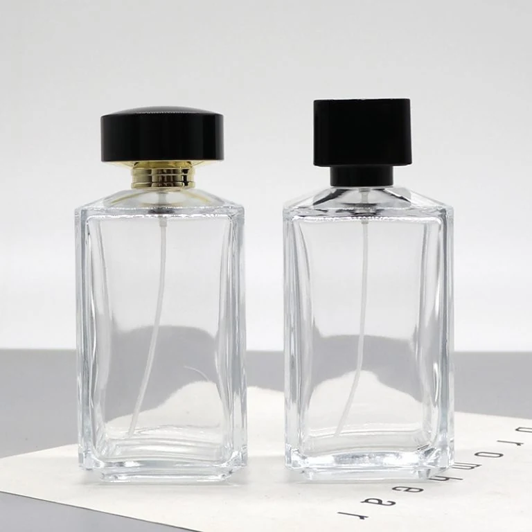 Clear Rectangular Perfume Bottles with Black Cube Caps