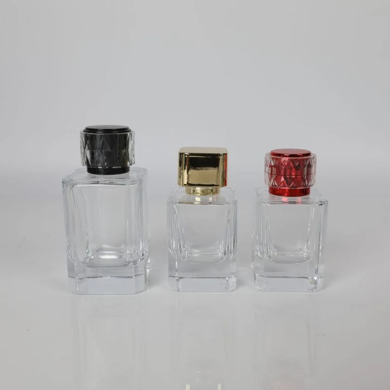 Rectangular Perfume Bottles with Faceted Color-Accent Caps