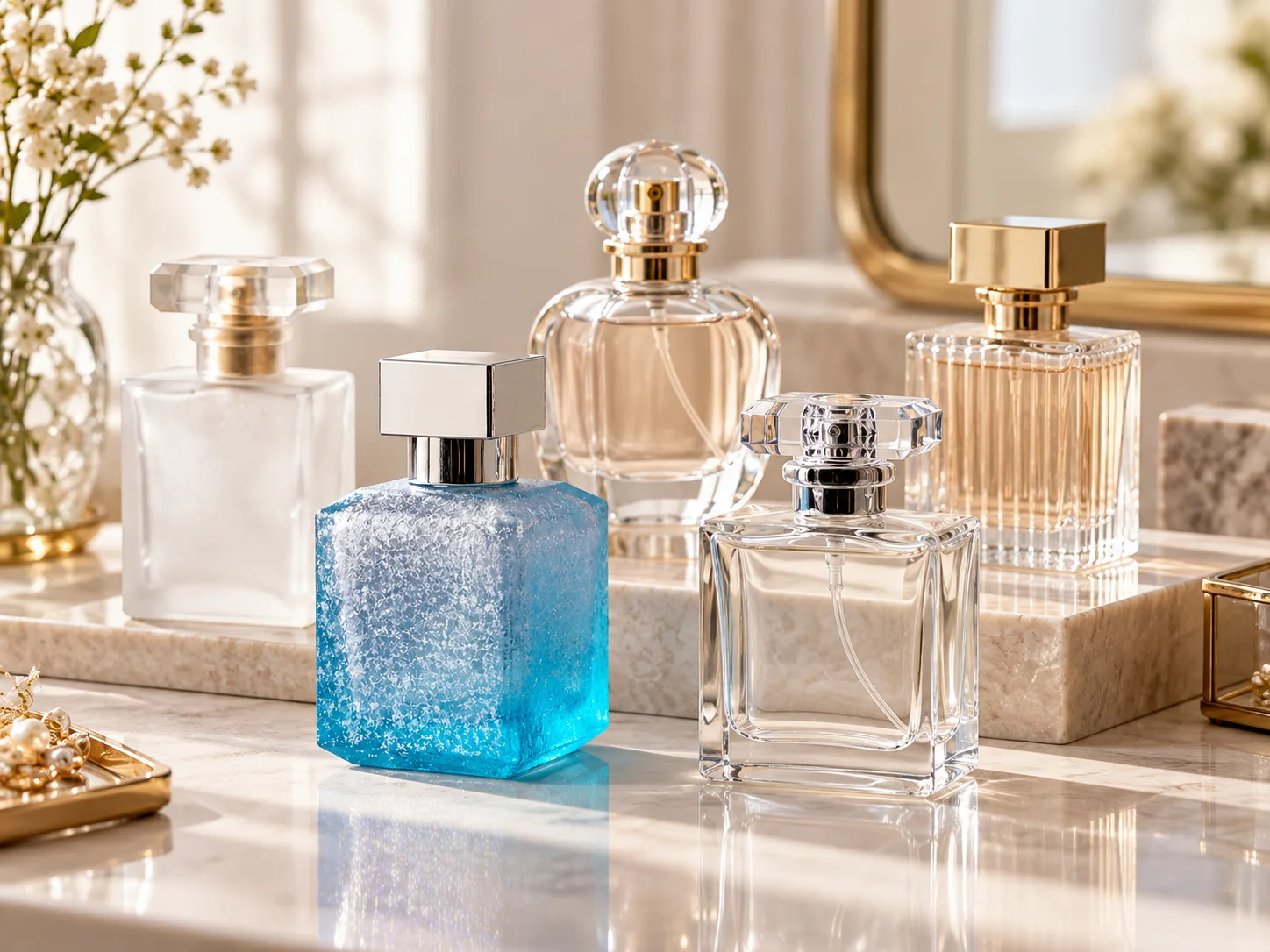 Glass perfume bottles displayed in a boutique setting