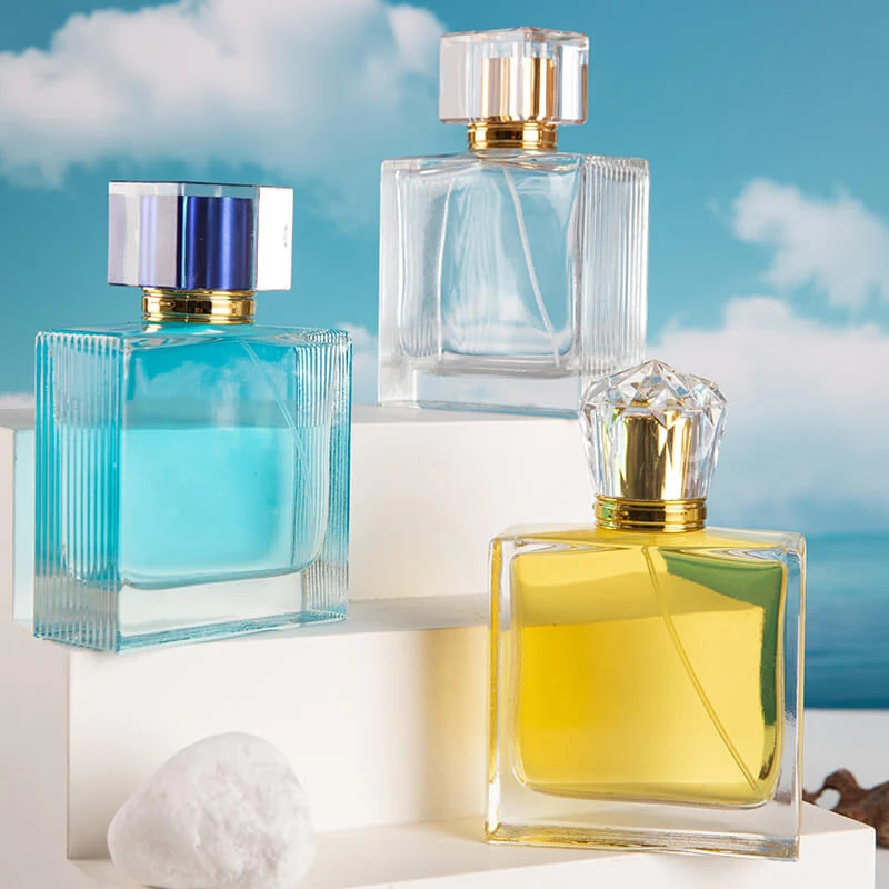 Wide Rectangular Perfume Bottles with Decorative Clear Caps