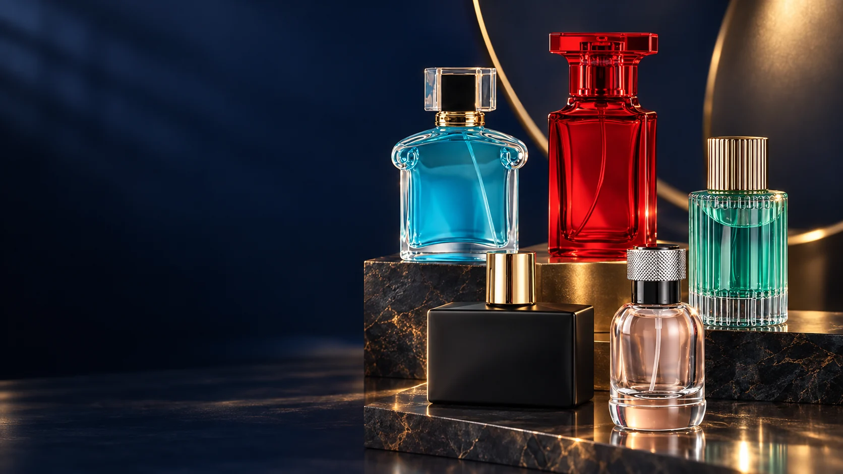 Five different Xiangxufang perfume bottles with colored and specialty finishes