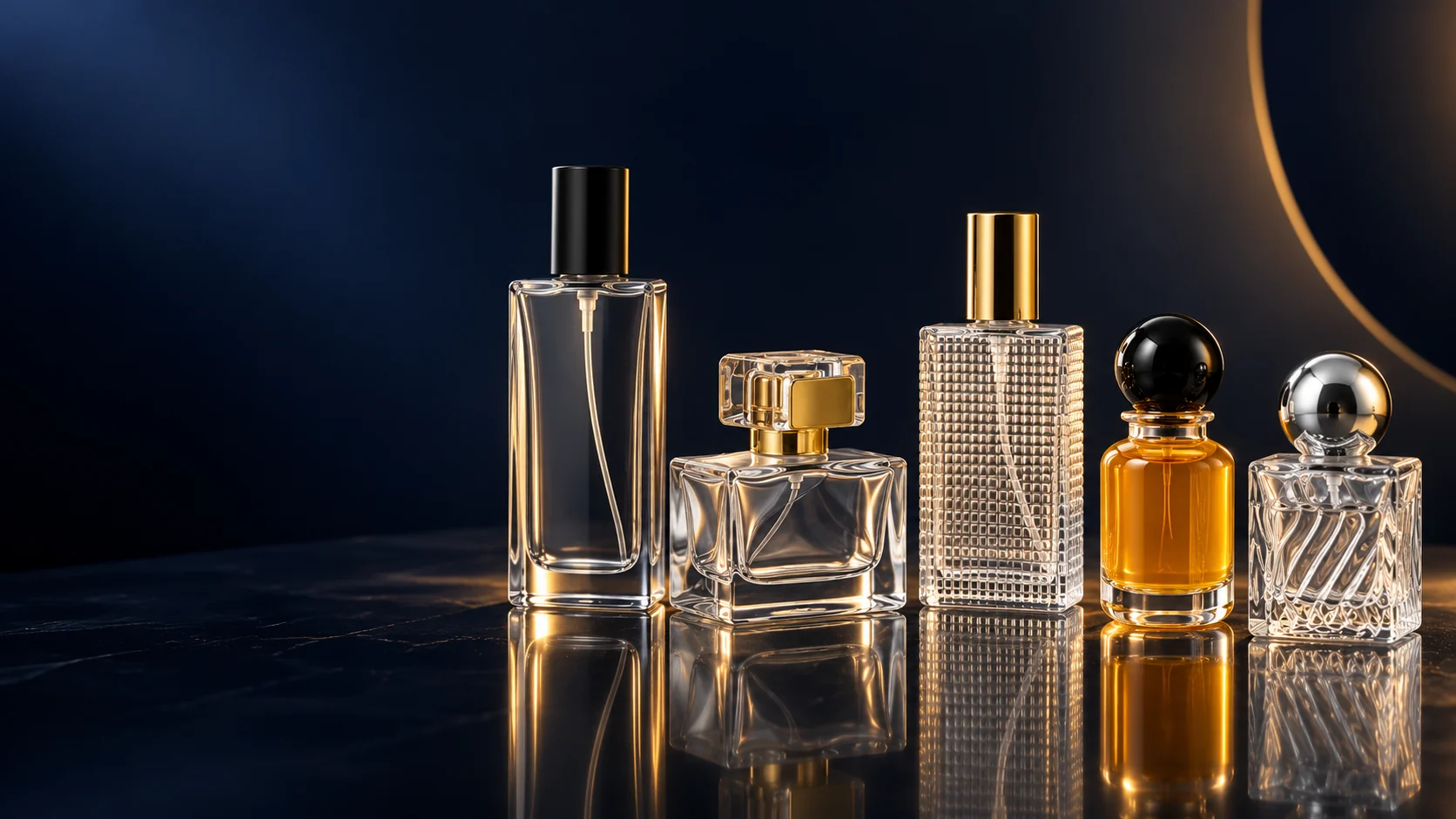 Five distinct Xiangxufang glass perfume bottle designs