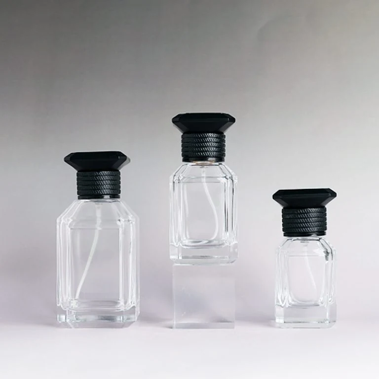 Beveled Rectangular Perfume Bottles with Ridged Black Caps