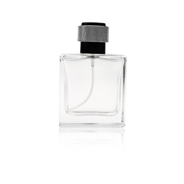 Clear Square Perfume Bottle with Textured Dark Cap