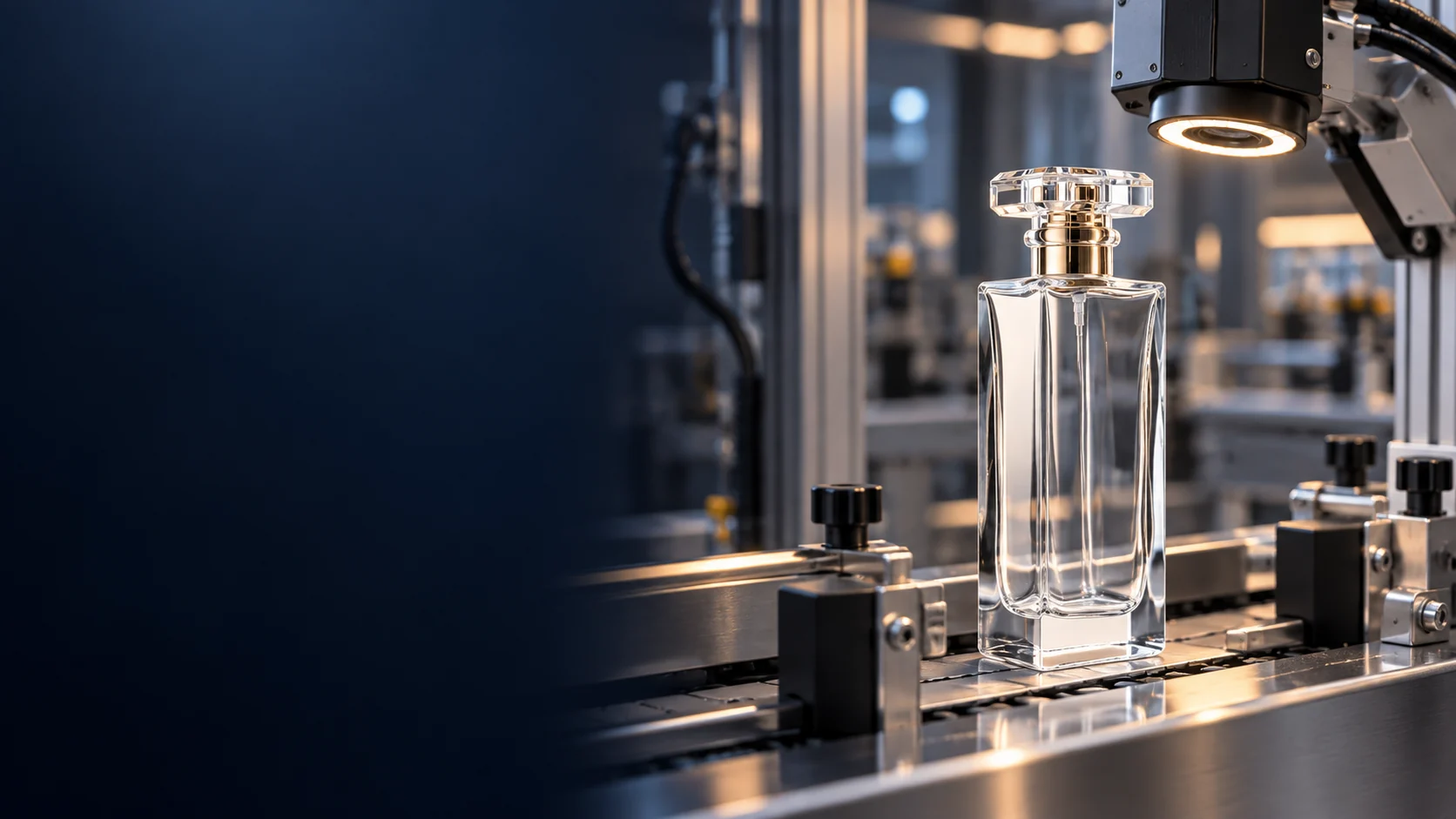 Illustration of a Xiangxufang glass perfume bottle on an automated inspection line