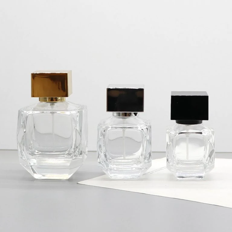 Faceted Glass Perfume Bottles with Dark Square Caps