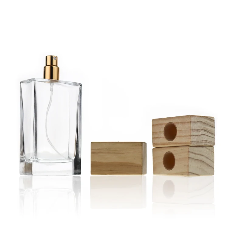 Prostokątna butelka na perfumy z zakrętką imitującą drewno