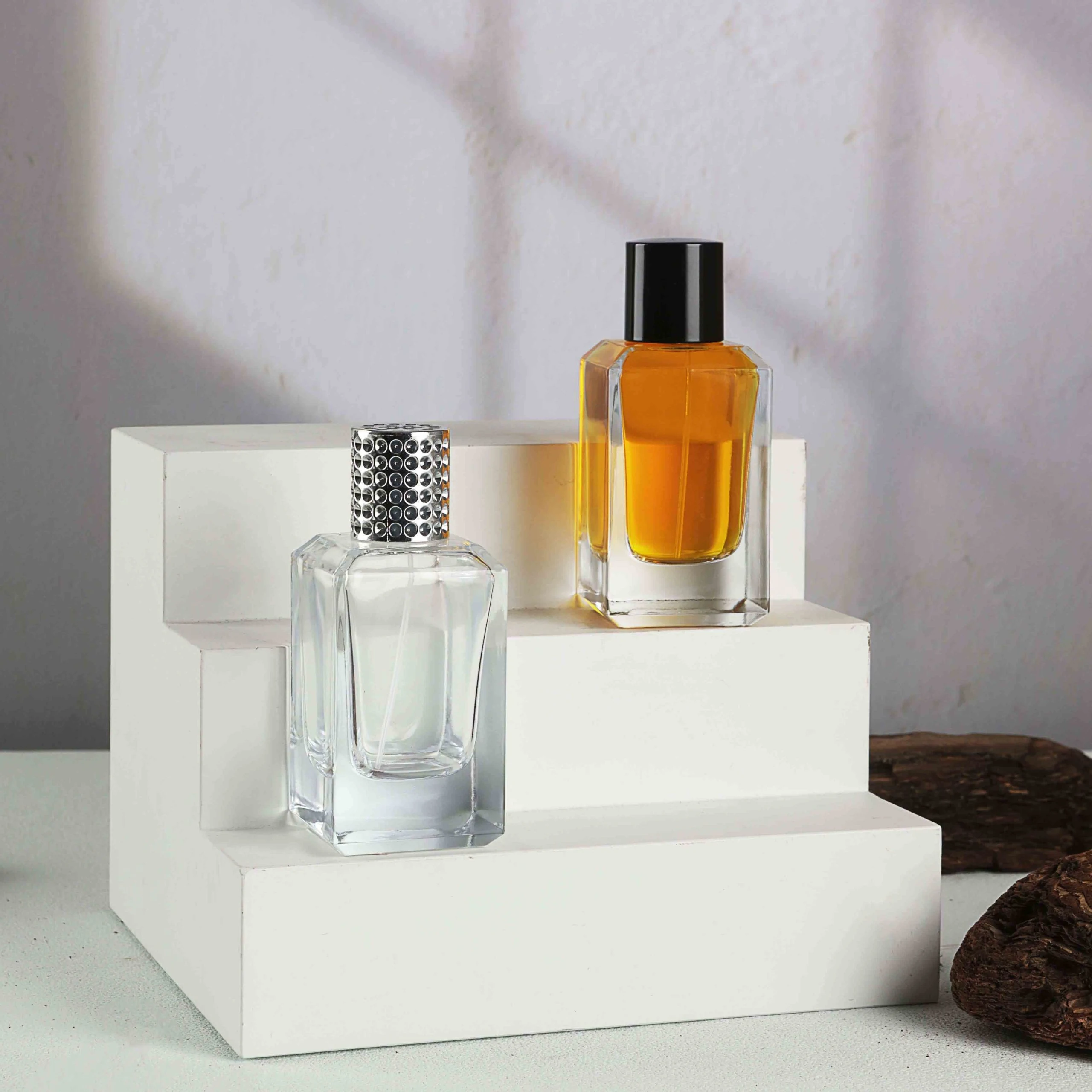 Rounded Rectangular Perfume Bottles with Textured Cap Option