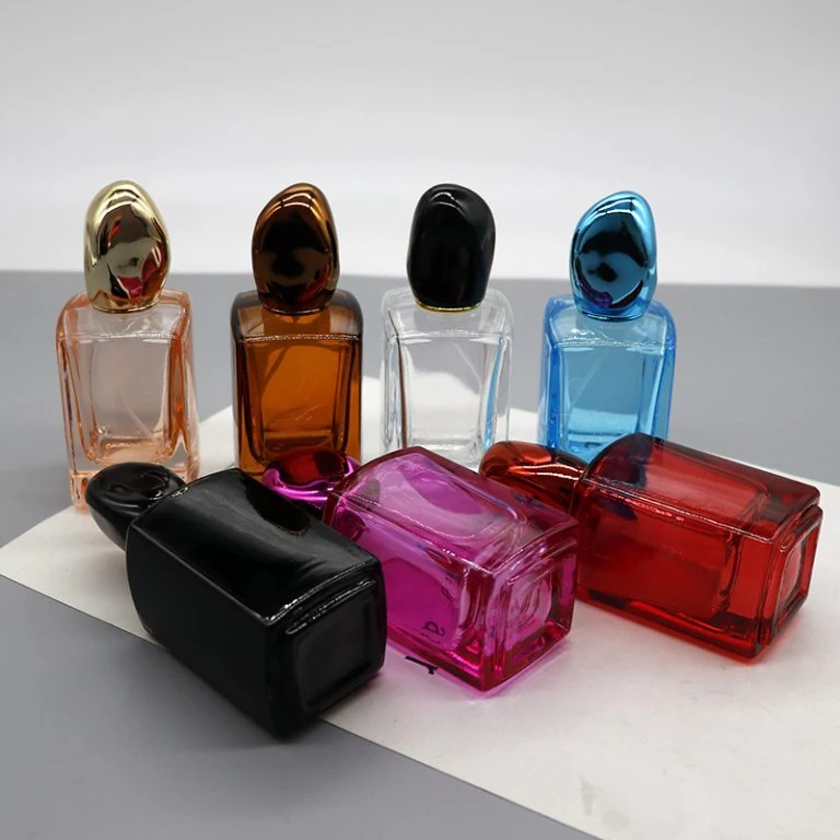 Colored Rectangular Perfume Bottles with Sculptural Caps