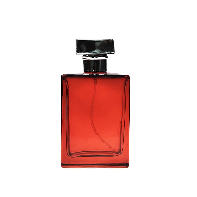 Red Rectangular Glass Perfume Bottle with Black Cap