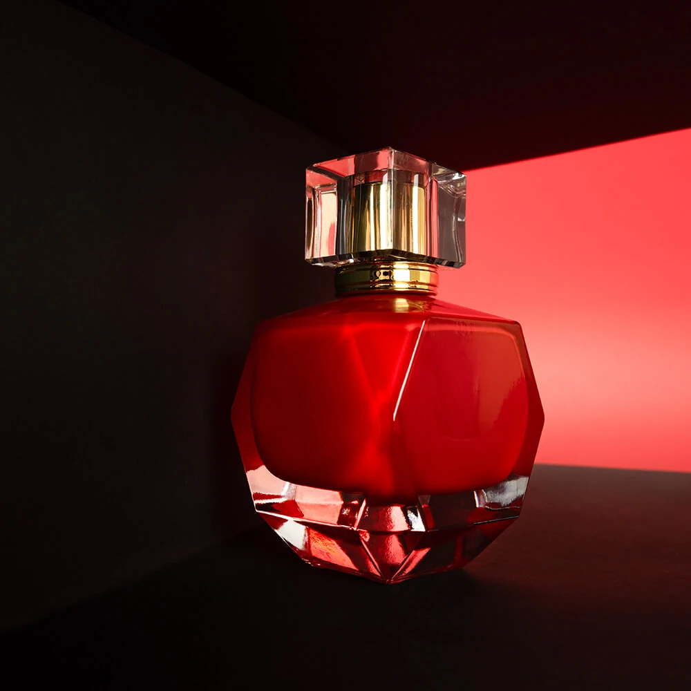 Red Faceted Glass Perfume Bottle with Clear Cap